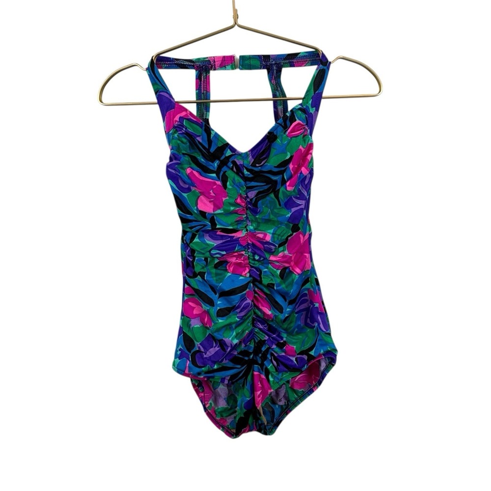 Vintage Maxine of Hollywood Made in USA  Nylon Spandex Ruched Floral Size‎ 10